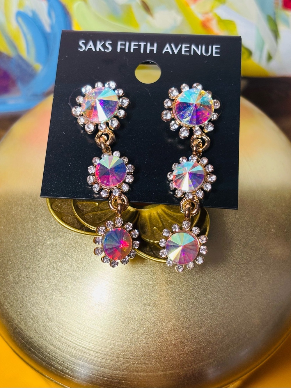 Saks Fifth Avenue Aurora Crystal Drop Earrings with watermelon colour stone. New